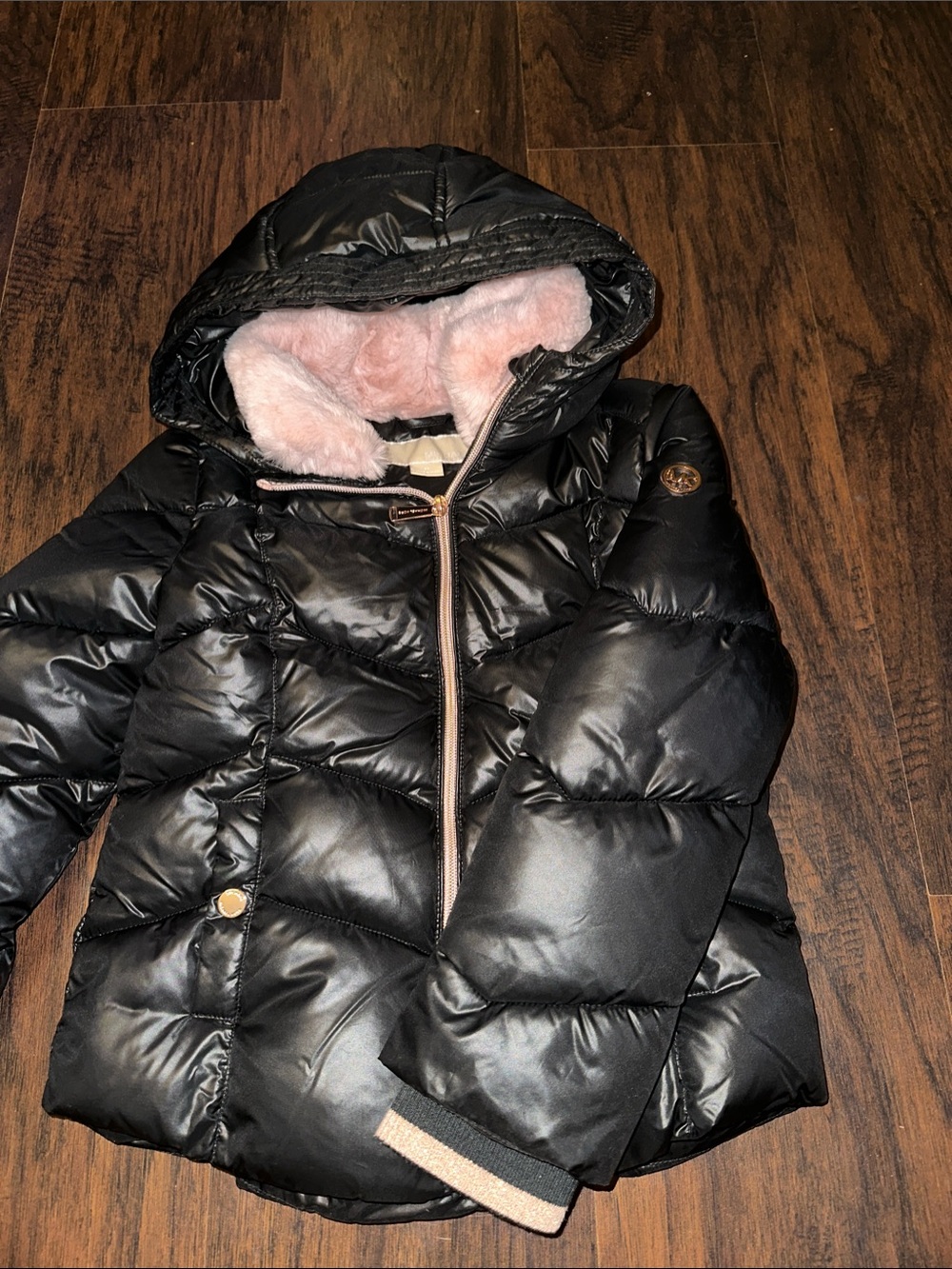 Michael Kors Black Puffer Jacket with Pink Faux Fur Hood Removable hoodie